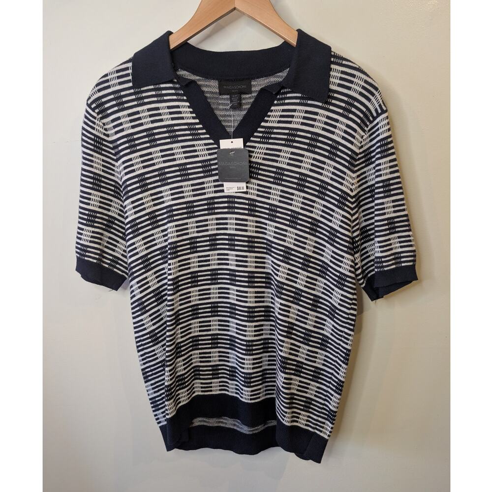 Magaschoni Man NWT Knit Polo Shirt Men's S Navy Ivory Stripe Short Sleeve Resort